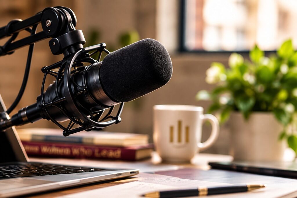 Podcast microphone on a desk