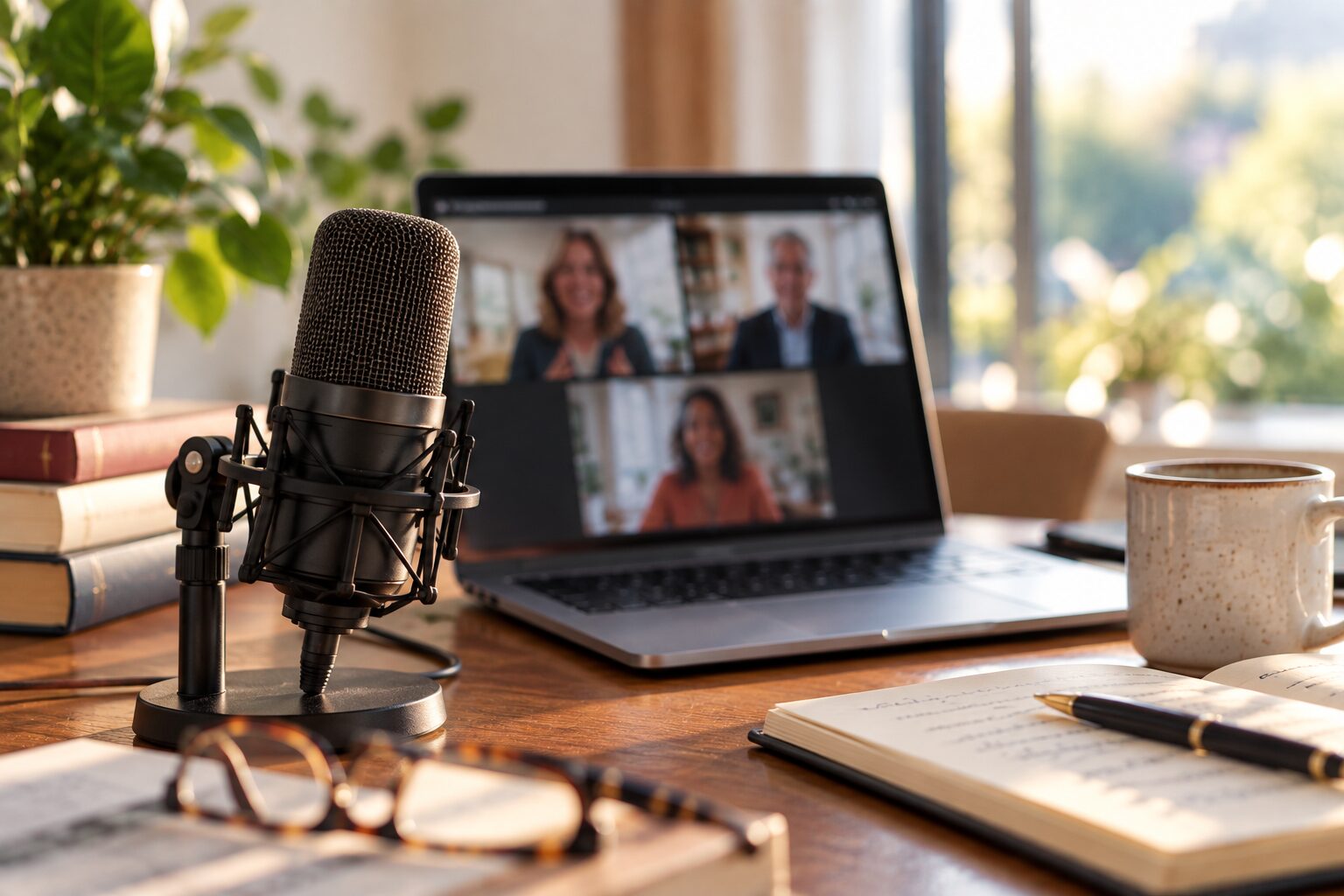 Podcast microphone and video call with higher education leaders