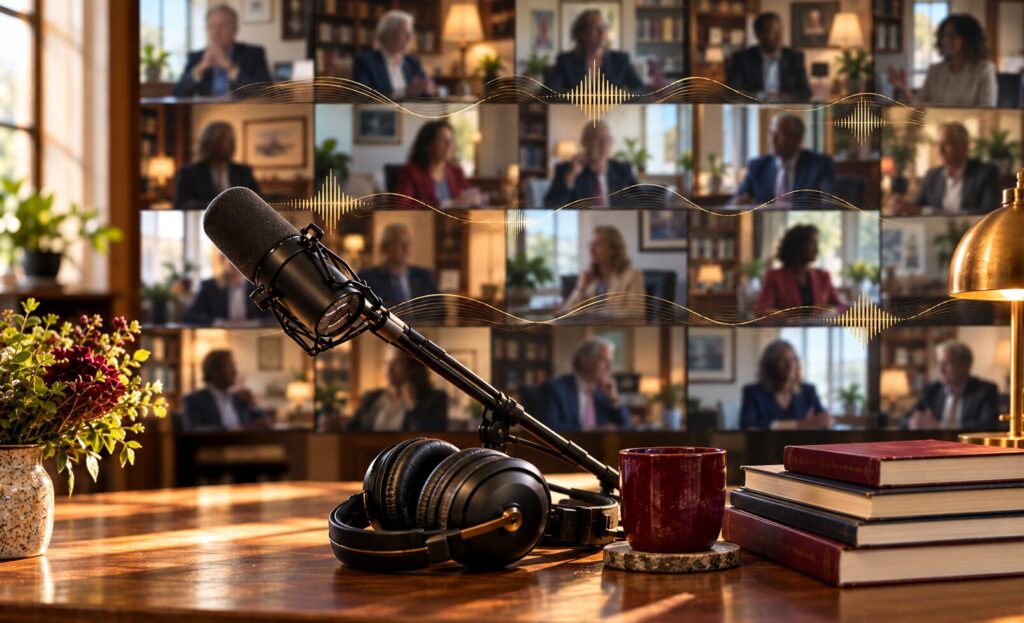 Podcast microphone with mosaic of higher education leaders in conversation